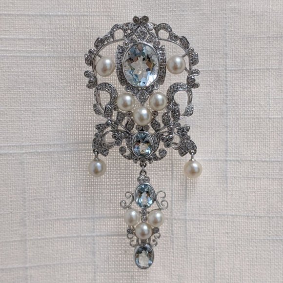 Jewelry - 18K/Diamond/Aqua/Pearl Brooch Victorian Style